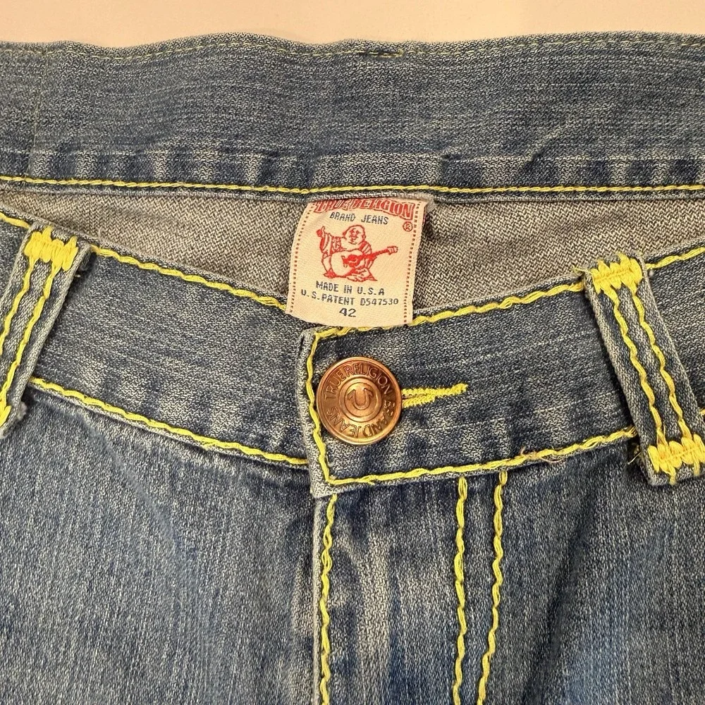 Y2K TRUE Religion World Tour Bobby Super T Men's 42 Jeans Neon Green‎ Stitch